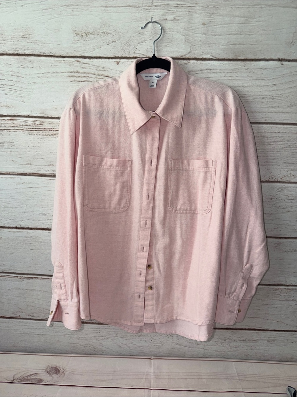 Old Navy The Boyfriend Shirt Pink Button Front Top Med/XL Oversized Cotton Blend